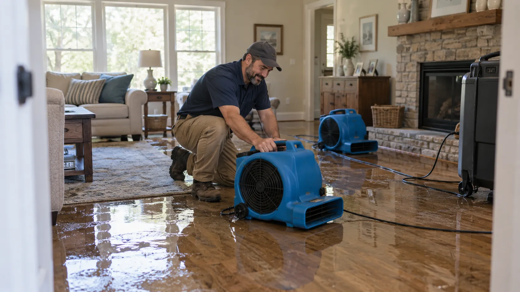 Water damage restoration technician drying a flooded living room in Tampa